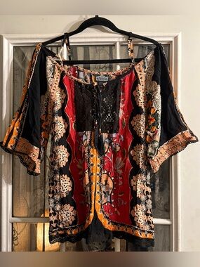Angie Black & Red Floral Lace-Up Cold-Shoulder Blouse